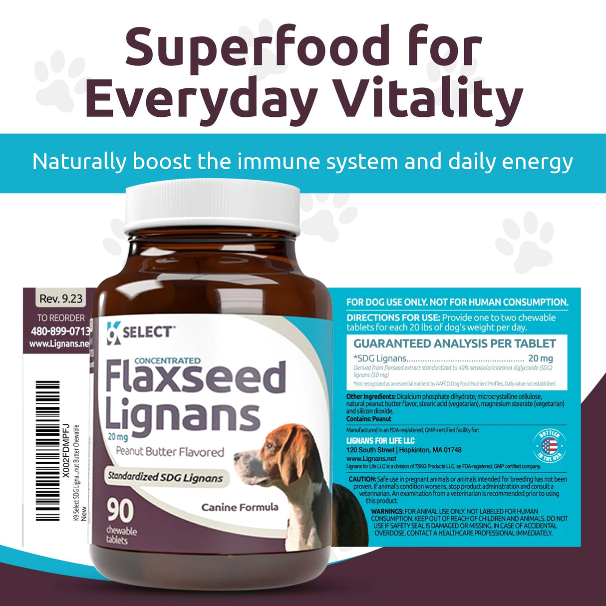 K9 Select Concentrated Flaxseed Lignans for Dogs, 20mg 90 Tablets, Peanut Butter Flavored Chewable, Impove Coat