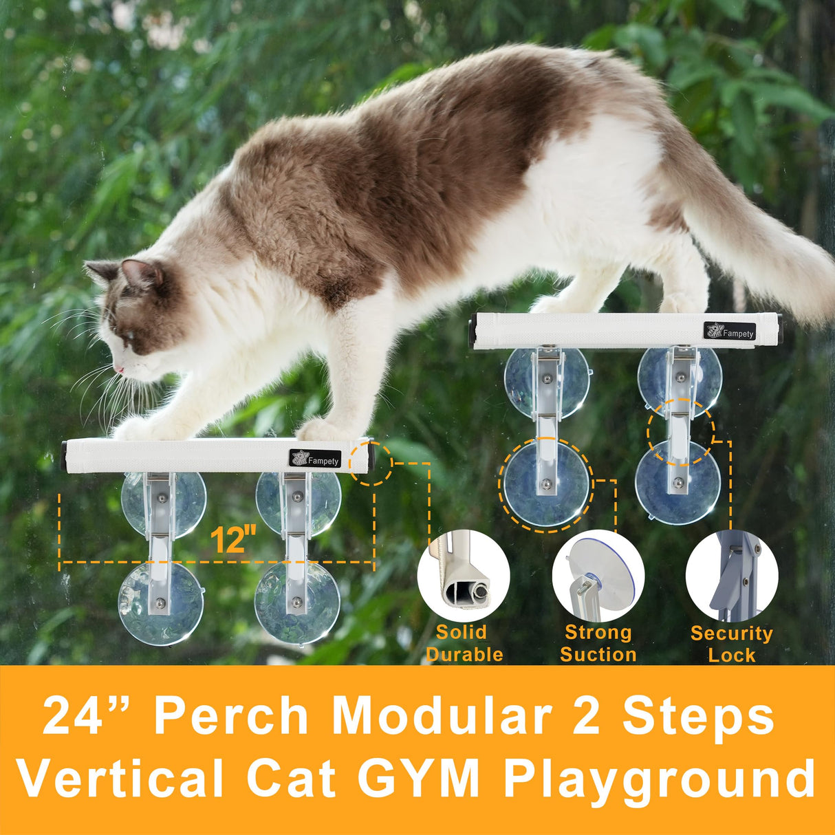 Fampety 24"XL Cat Window Perch=12" Duo Pac Step=2 Mini Stand for Narrow Space,Vertical Gym Set,8+8 Suction Cup,Hold Up 80LB,Foldable Cordless Underneath Support,Textilene Seat Bed,Easy Clean&Dry-White