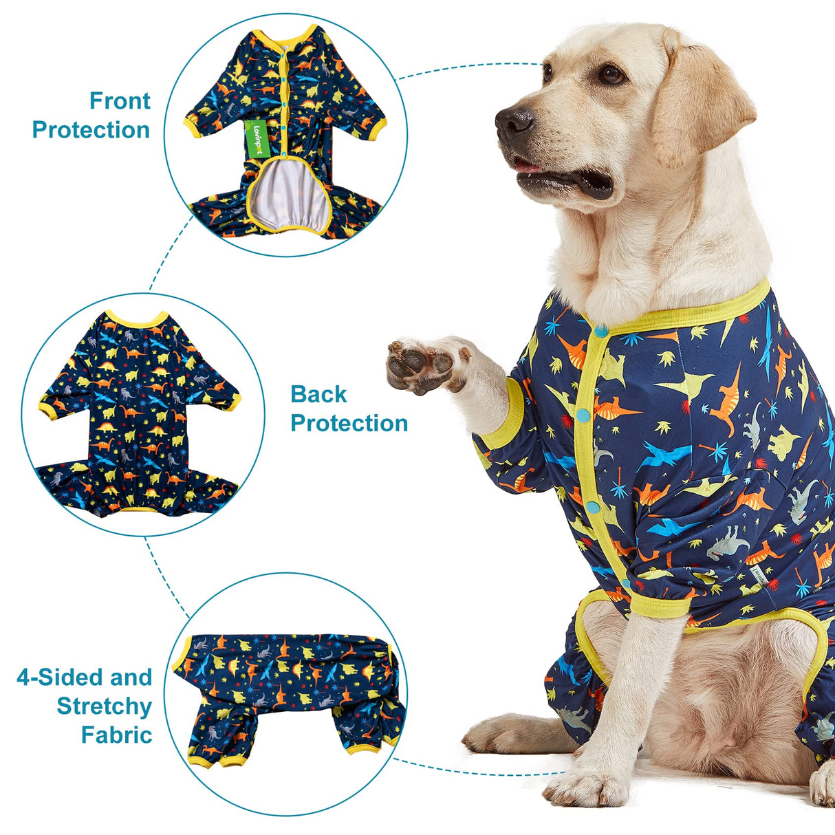 LovinPet Big Dog Pajamas for Large Dogs/Prehistoric Adventure Dinosaur Navy Print/Lightweight Stretchy Knit Pullover Dog Clothes/Large Dog Onesie, Pet Pajamas for Dogs, Pet PJ's/XXL