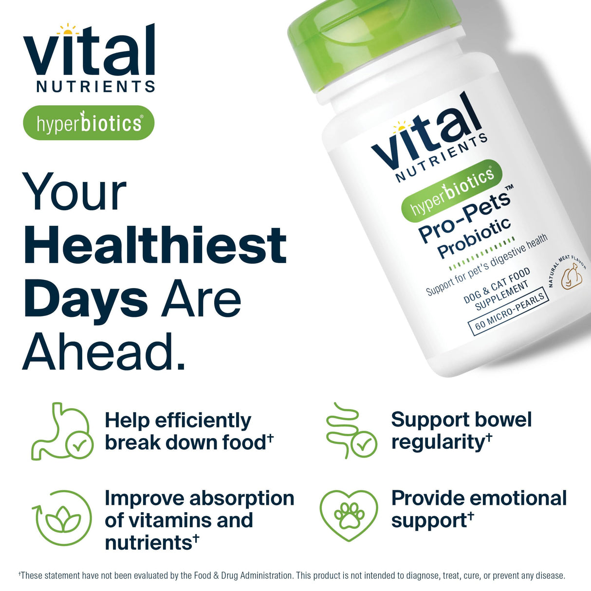 Vital Nutrients Pro Pets Probiotics for Dogs and Cats | Dog Probiotics for Digestive Health, Gut Health, Occasional Diarrhea* | Tasty Meat Flavor | Non-GMO | Hyperbiotics | 60 Micro Tablets