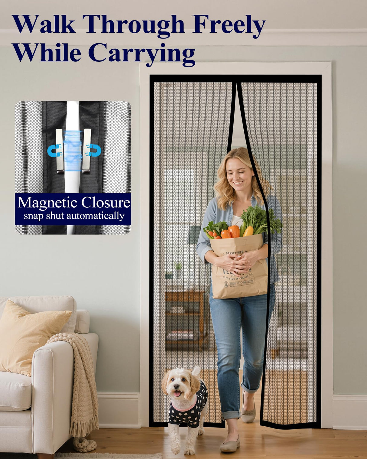 Magnetic Screen Door - 38.0'' x 82.0'' Retractable Screen Door Mesh for Entry Door or Sliding Door, Pet & Kid Friendly, Hands-Free Closure Keeps Bugs Out & Lets Breeze in, Stripe Black