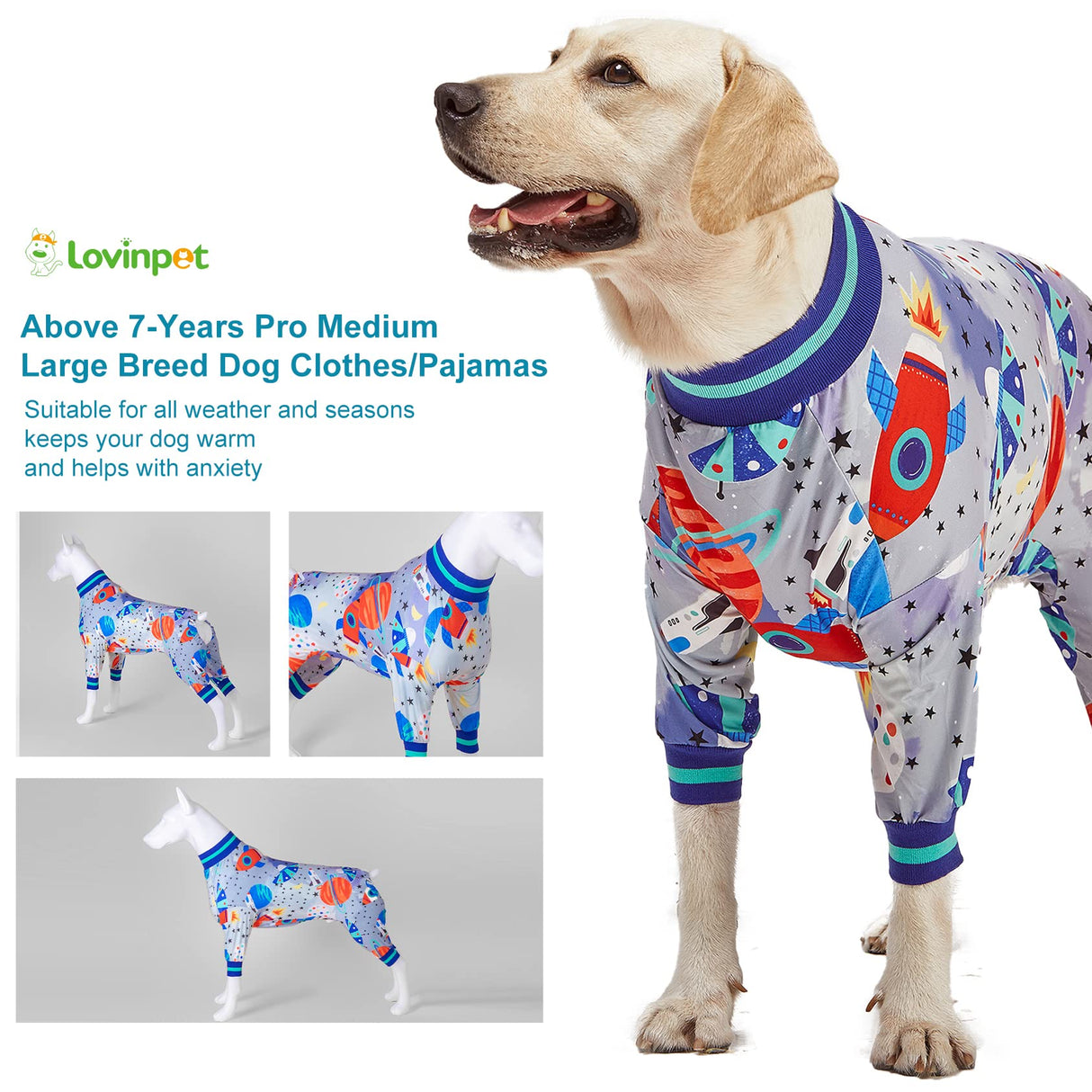 LovinPet Dog Pjs, Wound Care, Surgery Recovery Clothes, Large Pitbull Pajamas, Lightweight Stretchy Jersey Knit, Galaxy World Gray Print, Big Dog Jammies,UV Protection, Pitbull Pajamas, Pet PJ's, 2XL
