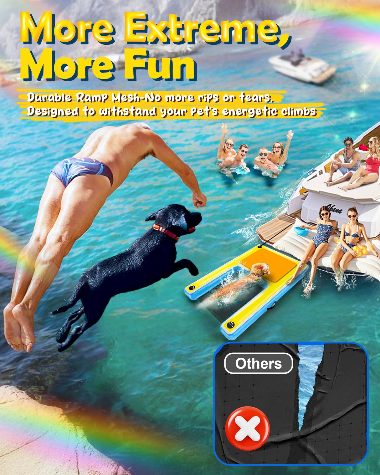 Upgrade Inflatable Dog Ramp,Multi-Use Dog Floats Ladder for Boat Pool Dock Lake,Non-Slip One-Piece Ramp Mesh Swimming Plank for Pup& Large Dogs Up to 240 lbs,Portable for Car Travel,Water Play