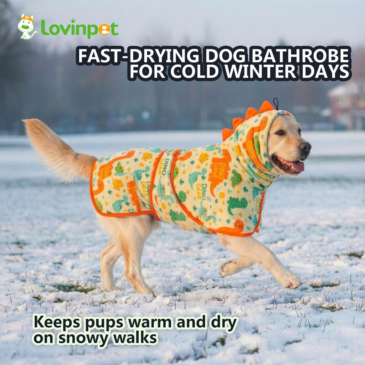 LovinPet 3‑in‑1 Dog Warm Winter Coat & Bathrobe, Hooded Dinosaur Fleece, Lightweight High‑Loft, Absorbent Knit, Quiet Hook‑and‑Loop, Wind‑Blocking Edges, Dog Robes for Medium & Large Dogs, Orange,XL