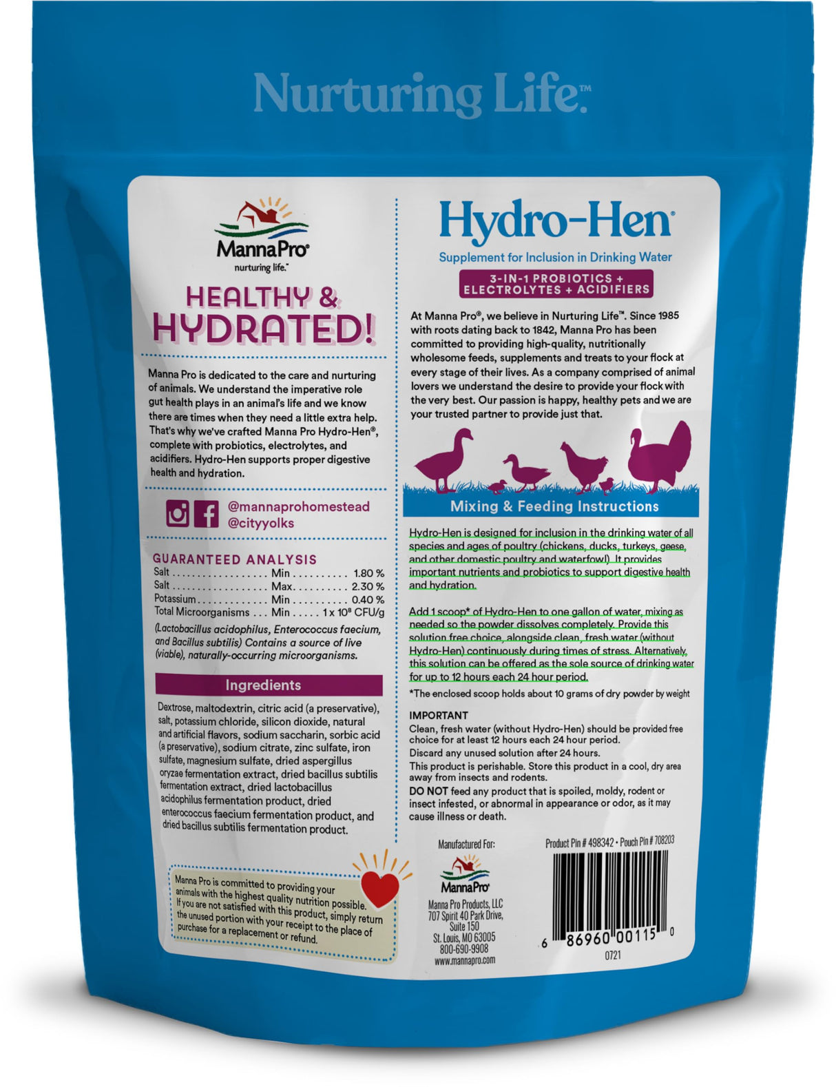 Manna Pro Hydro-Hen Poultry Electrolyte & Probiotic Supplement, Hydration Support for Chickens, Ducks, Turkeys & Waterfowl, 20 oz
