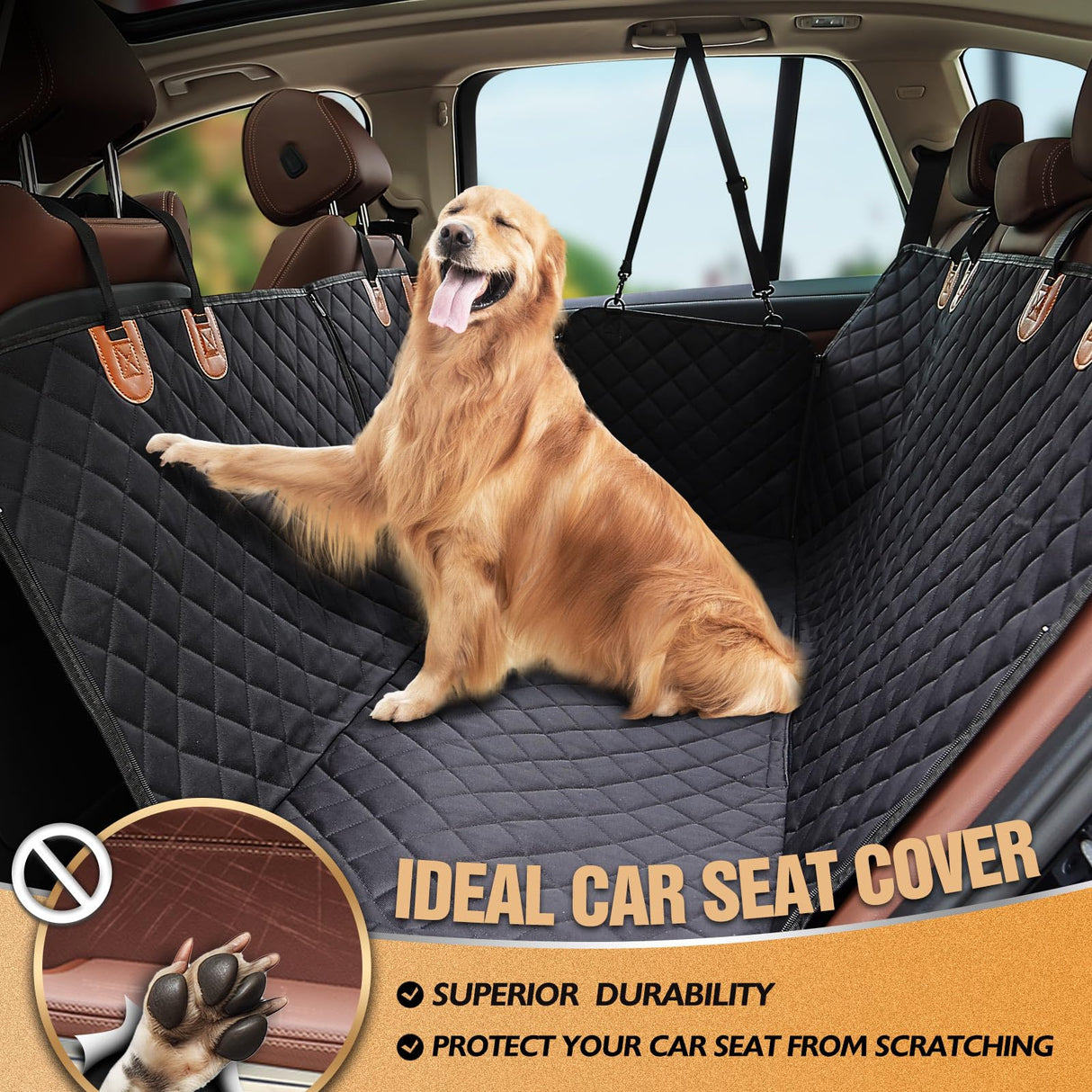 K KNODEL Dog Seat Cover, 100% Waterproof Car Seat Cover for Pets, Pet Seat Cover Dog Hammock, Heavy Duty Scratch Proof Pet Back Seat Covers, Zippered Side Flaps for Cars, Trucks and SUVs (Black)