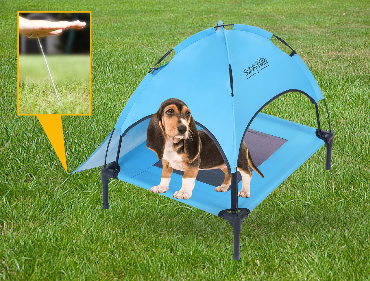 SweetBin S/M/L Outdoor Elevated Dog Cot with Canopy & Side Shade for Camping Small Medium Dogs (Carry Bag), Portable Cooling Raised Dog Bed