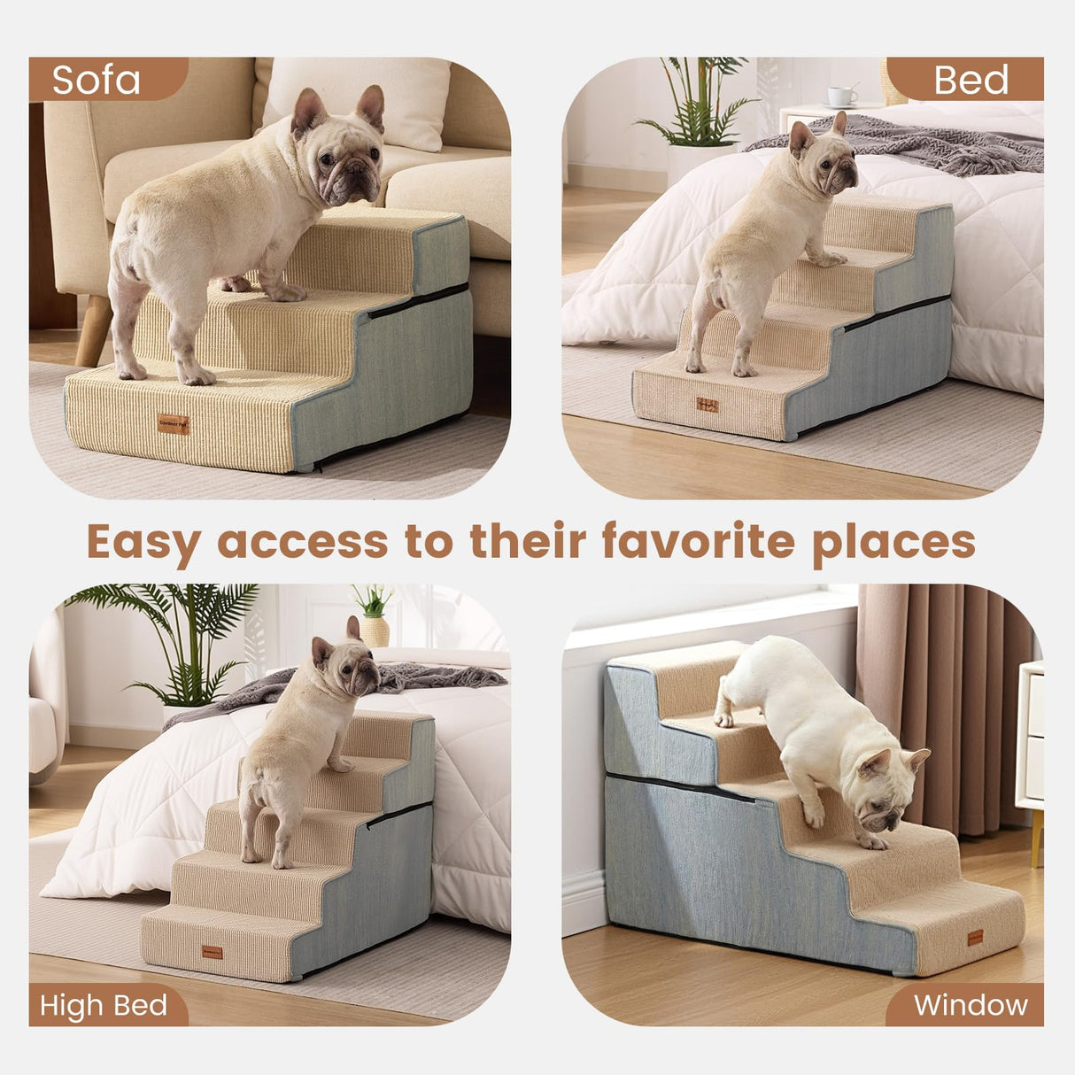Gardner Pet Dog Stairs for Small Dogs 18.5" H, 4-Step Extra Wide Dog Steps for Bed, Pet Stairs for Bed and Couch with Durable Non-Slip Waterproof Fabric Cover and Soft Foam, Beige