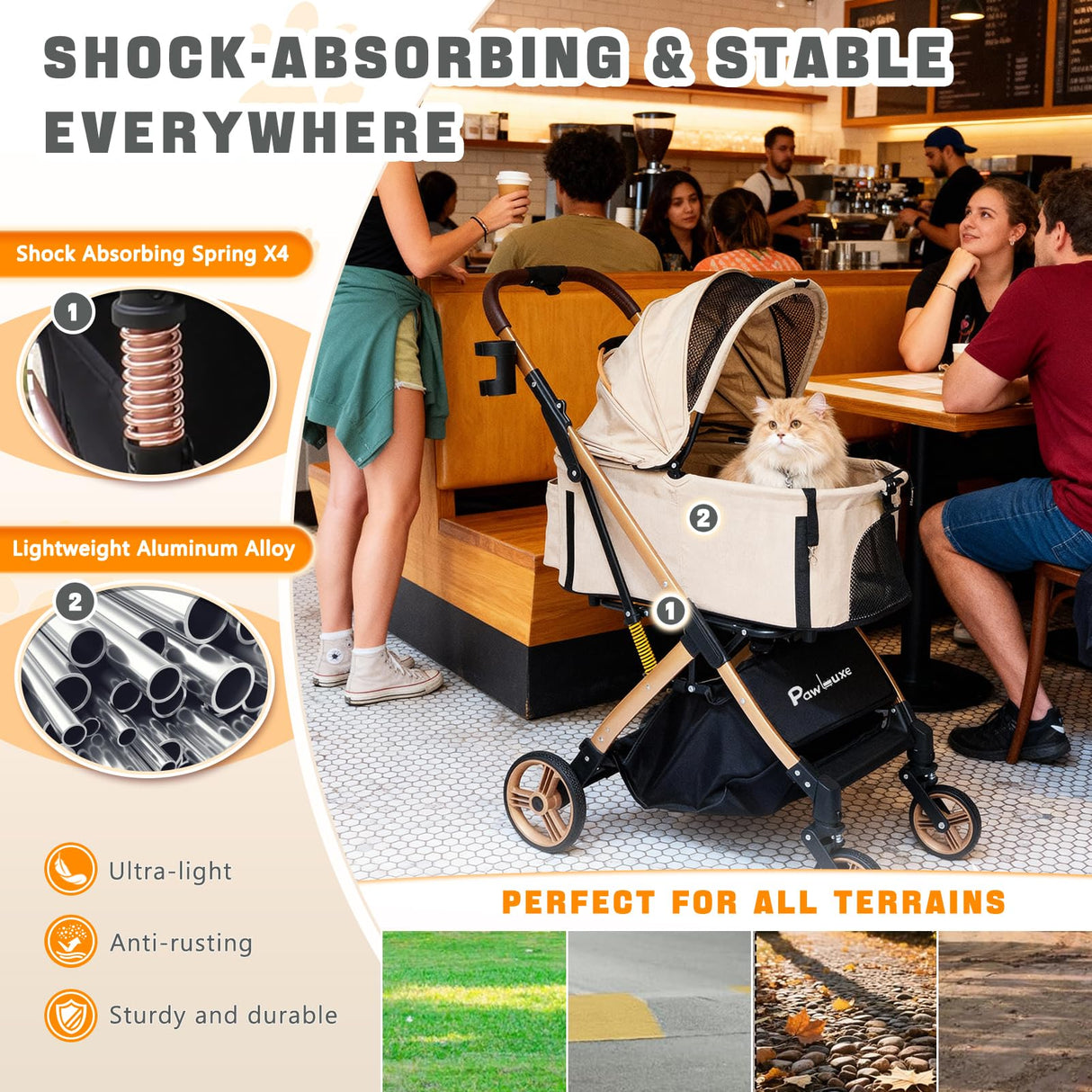 PawLuxe Dog Stroller, 4 in 1 Detachable Carrier & Car Seat, All-Terrain Wheels with Shock Absorption, Dog/Cat Strollers for Small/Medium Pets Up to 44 lbs, Lightweight Portable Foldable,Black