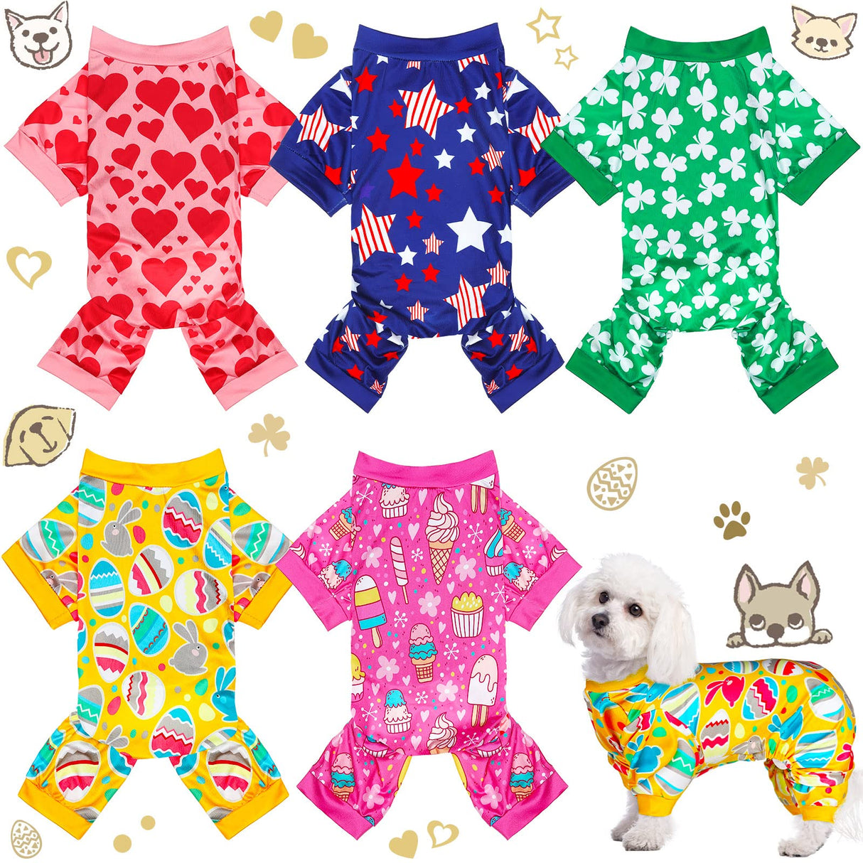 Saintrygo 5 Pieces Holiday Dog Pajamas Holiday Dog Jumpsuit Puppy Valentine Pajamas Apparel for Small Cat Christmas Valentine Cosplay(M(fit 5.5-7.7lbs),Classic Style)