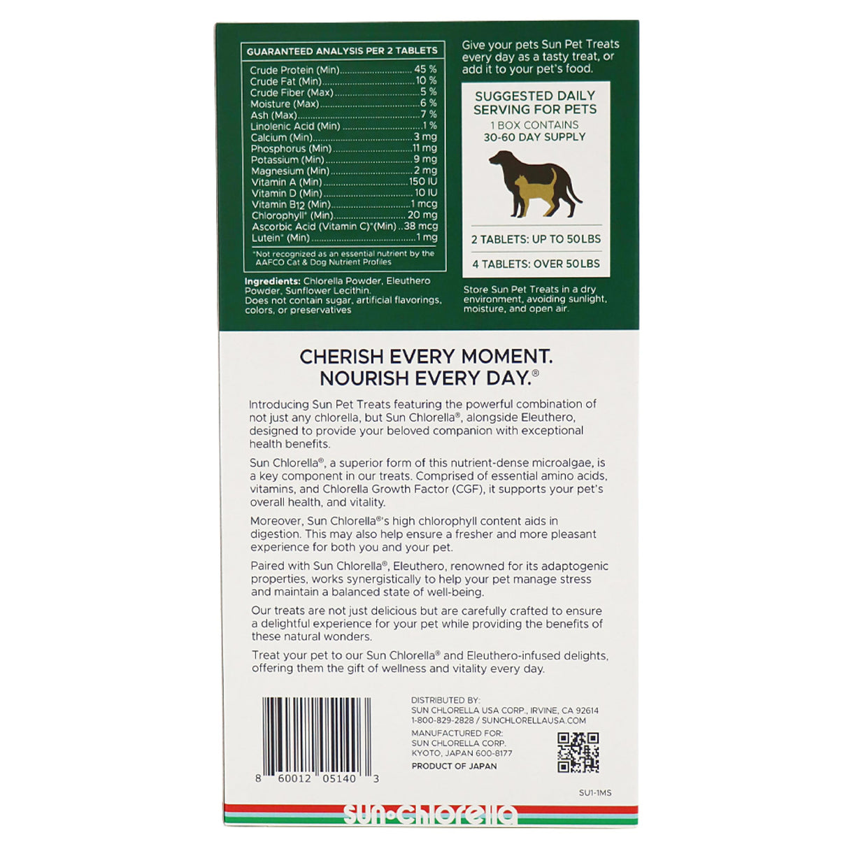 Sun Chlorella Sun Pet Treats Green Superfood Cat & Dog Supplement - Chlorophyll Eleuthero & Lecithin, Minerals, Antioxidants & Vitamins for Dogs & Cats - Immune Defense, Skin & Gut Health - 120 Bites
