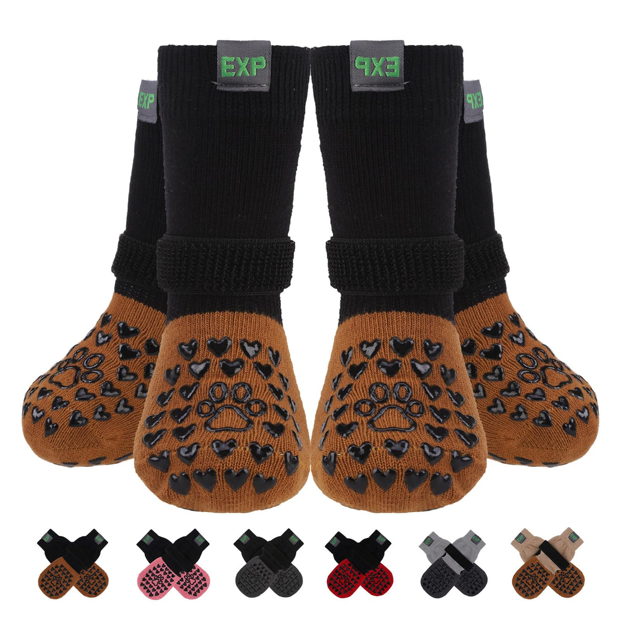 EXPAWLORER Anti Slip Dog Socks to Prevent Licking Paws, Winter Snow Dog Boots & Paw Protectors Booties for Hardwood Floors with Heart Grippers, Dog Shoes for Small Medium Large Senior Dogs Brown M