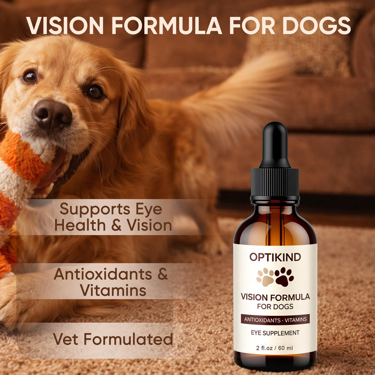 OptiKind Vision Drops for Dogs, Eye Drops for Dogs, Complete Eye Health Support with Powerful Antioxidants, Omega-3 Oil, Lutein, Bilberry Extract, Zeaxanthin & Lycopene, 2 fl oz / 60 ml (1)