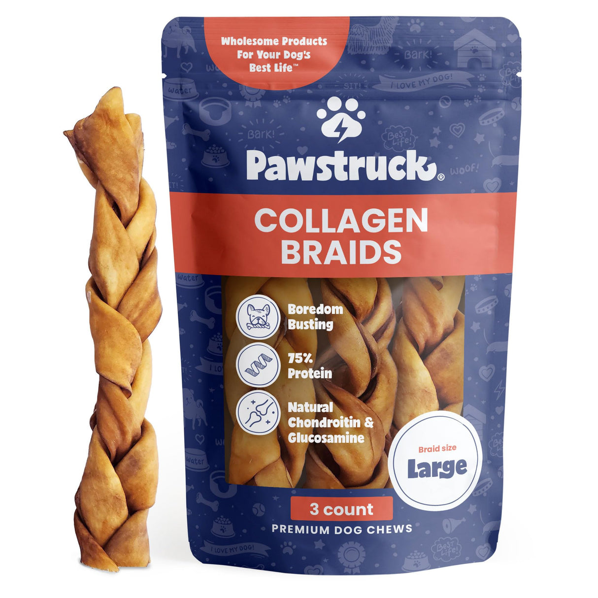 Pawstruck Natural Large 10-13” Beef Collagen Braids for Dogs – Long-Lasting Rawhide & Bully Stick Alternative, with Chondroitin & Glucosamine – 3 Pack