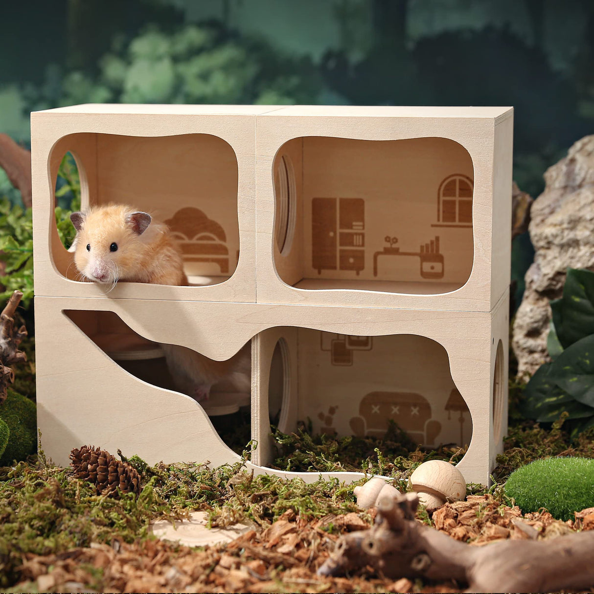 Tafit Hamster Hideout Wooden House Chamber Small Animals Pets Tunnel Exploring Toys Secret Peep Shed for Dwarf Hamsters, Syrian Hamsters, Gerbils, Hedgehogs, Rats, Mice (Living Room)