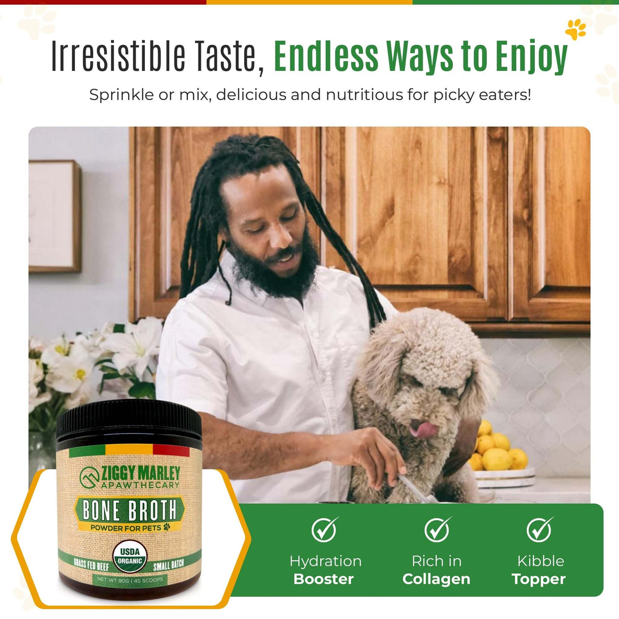 ZMA Pets Ziggy Marley's USDA Organic Beef Bone Broth Powder for Dogs & Cats - Support Joints, Coat, and Skin - Human Grade Grass Fed Beef, 90 Grams