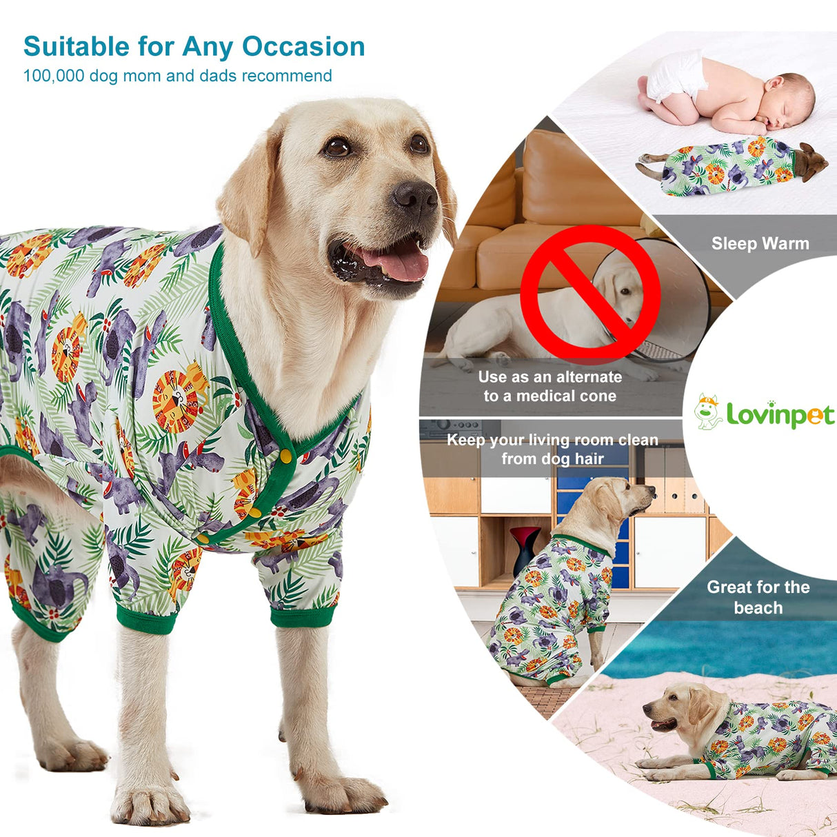 LovinPet Large Dog Pajamas Onesie: Lightweight Stretchy Knit Pullover Large Breed Jammies, Big Hippo Green Print, Wound Care/Post Surgery Dog Shirt, UV Protection, Pet PJ's, Dog Onesie/L