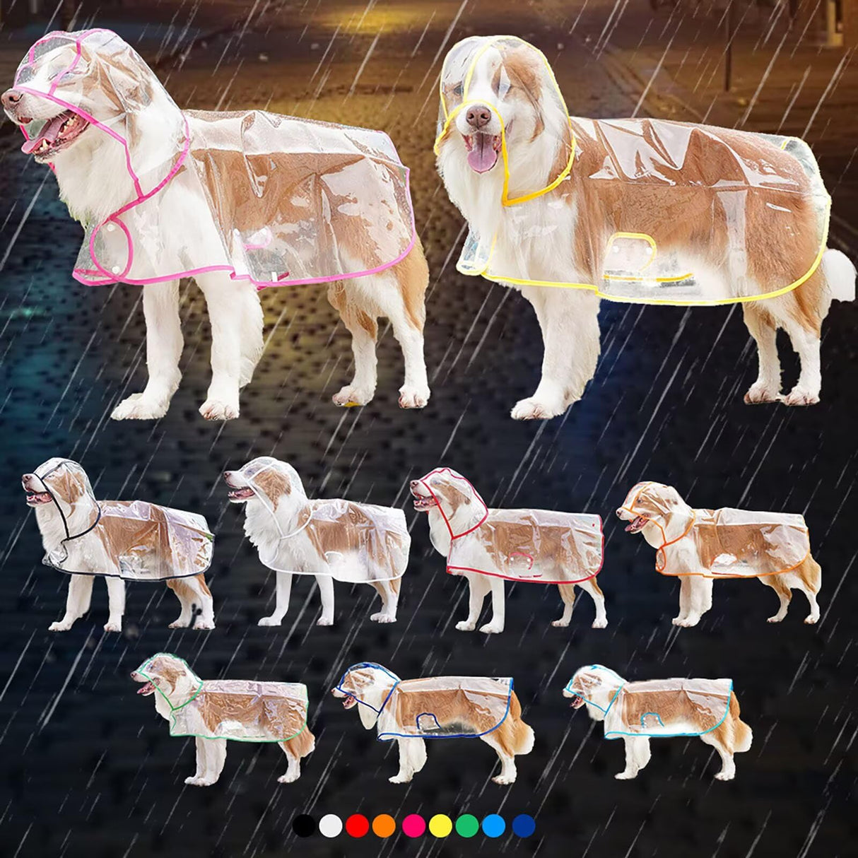 Pet Raincoat - Multi-Color Trim Transparent Waterproof Dog Rainwear, Large Dog Golden Retriever Labrador Rain Jacket for Outdoor Walks