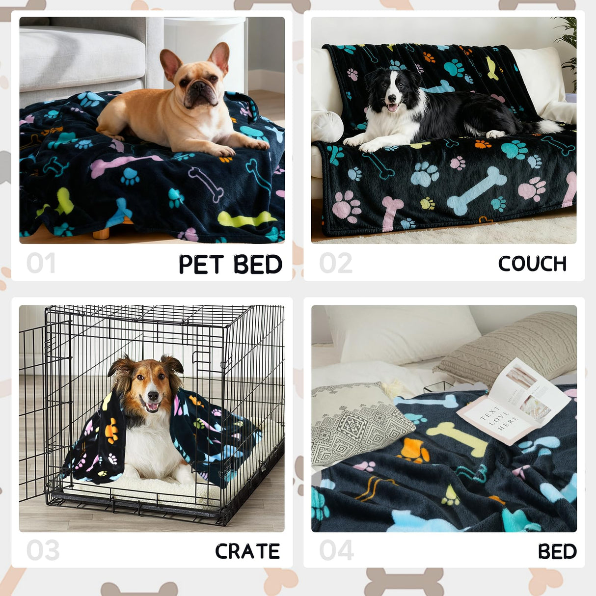 Rezutan Blanket for Large Dogs, Cat Flannel Washable Soft Pet Mat Throw Cover for Kennels-Beds, Sofas, Furniture Protection, Cute Paw Pattern, Black, 80x60 Inch