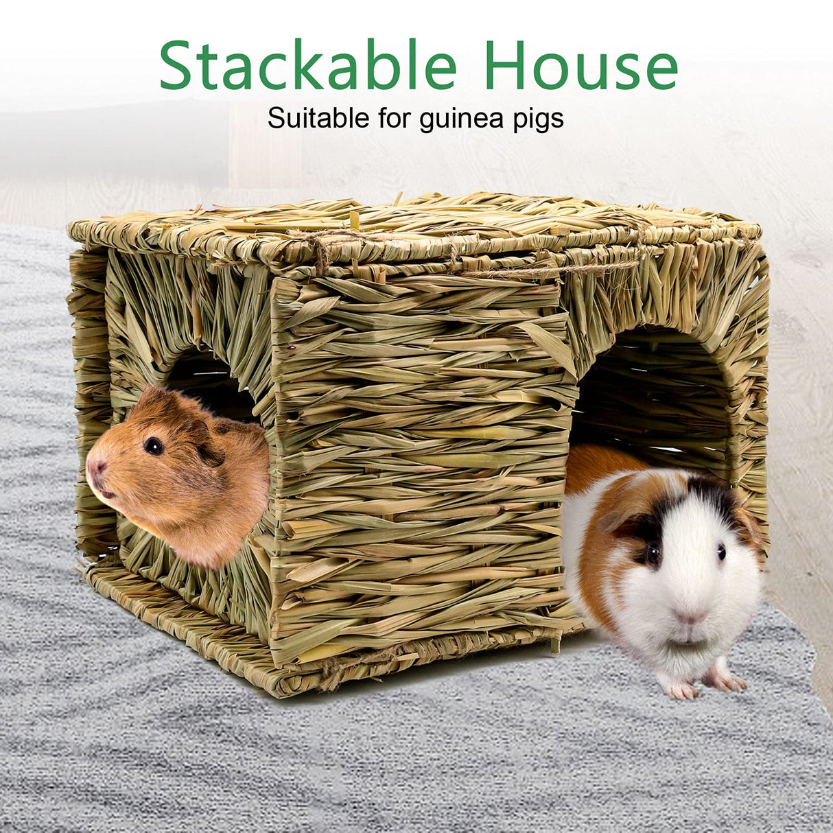 BWOGUE Large Grass House for Guinea Pigs,Hand Woven Straw Hut Foldable Small Animal Play Hideaway Bed with Double Openings Playhouse for Bunny Guinea Pig Chinchilla Ferret