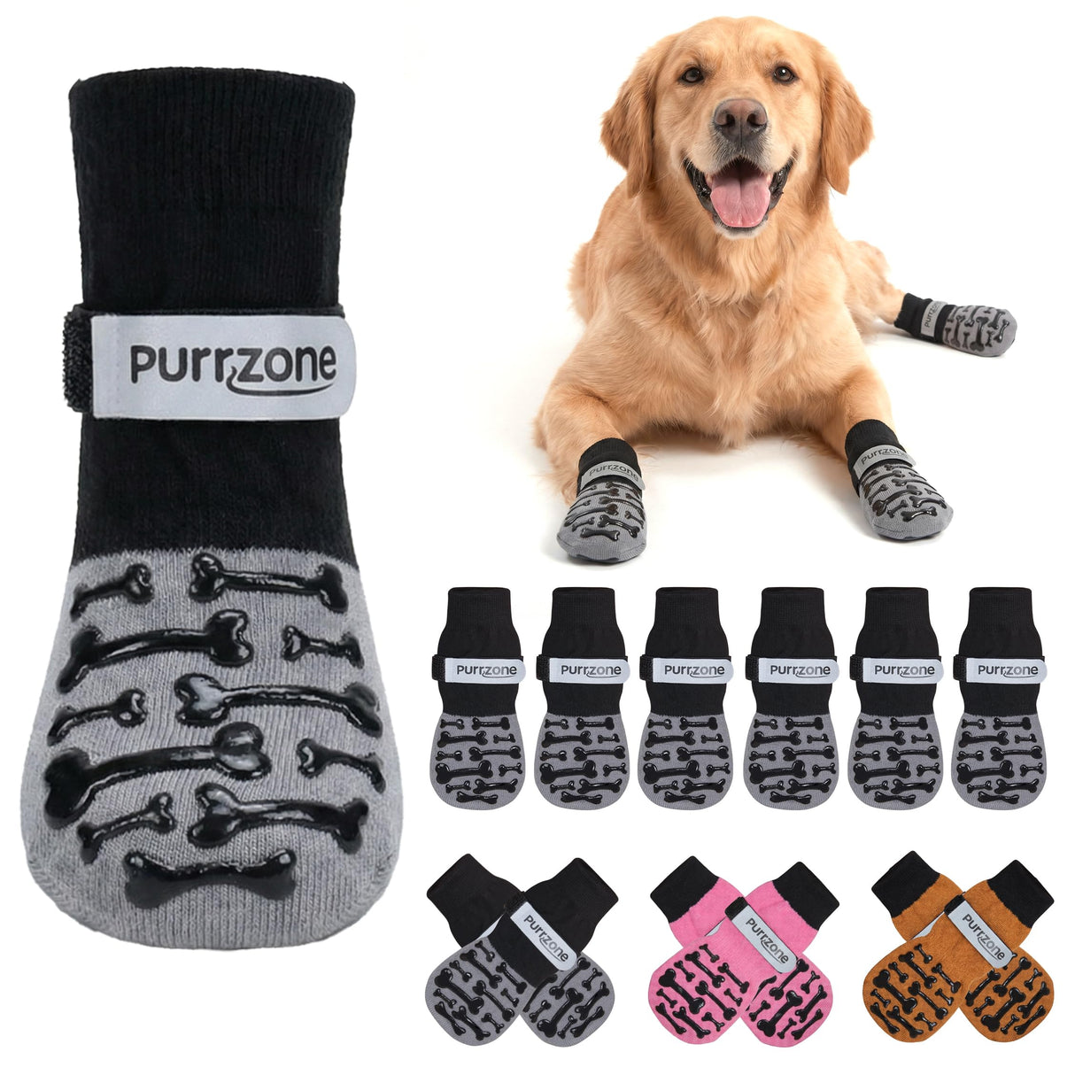 Purrzone 6 Pcs Non-Slip Dog Socks with Cute Bone Paw Grips Indoor Dog Socks for Hardwood Floors, Booties for Hot Pavement, Socks for Winter Snow, Paw Protector Socks (Modern Grey, Small)