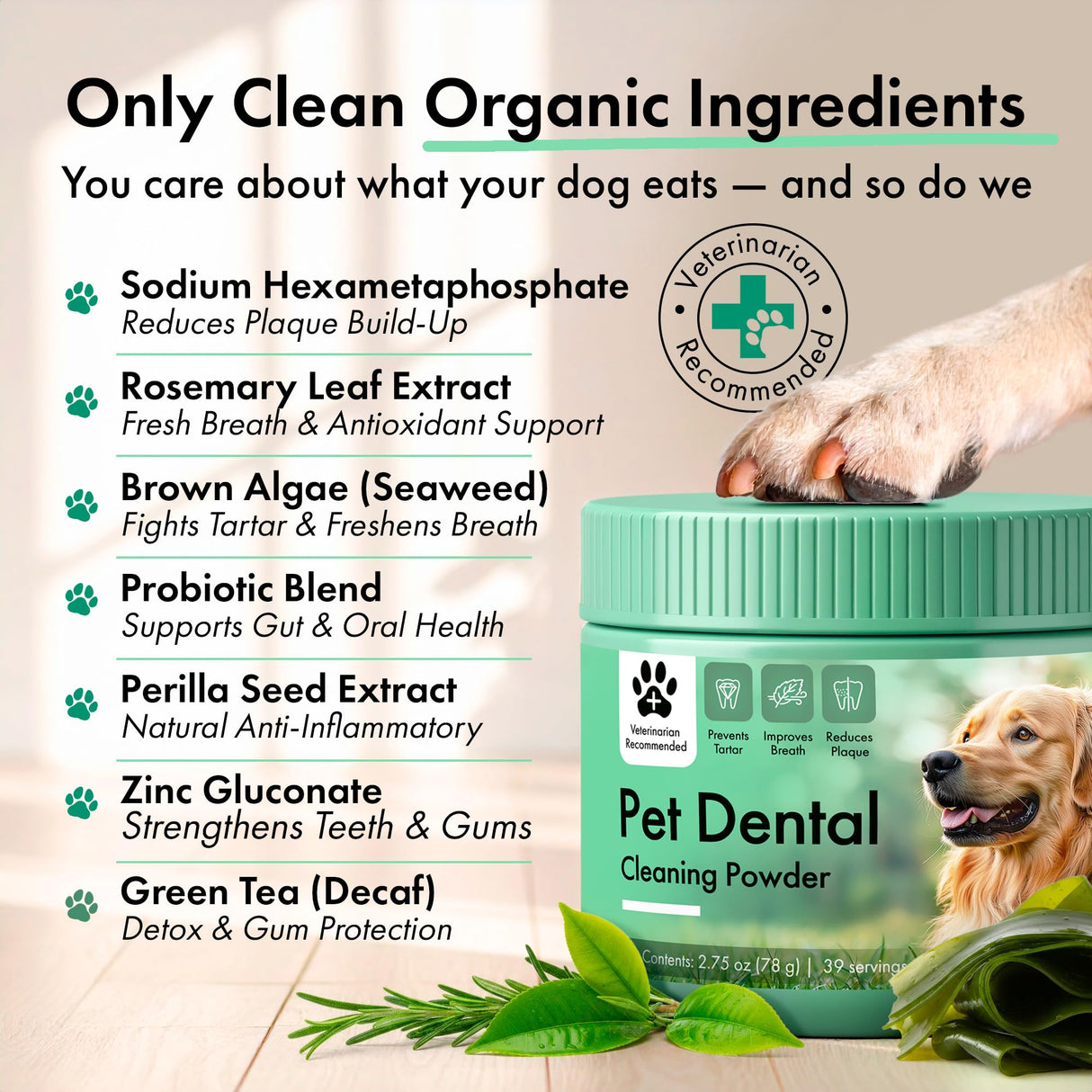 Dog Dental Powder – Dog Breath Freshener – Plaque Off and Tartar Remover for Dogs, Bad Breath Treatment, Natural Tooth Cleaning Powder for Dogs of All Breeds – Oral Care Supplement – Duck Flavor