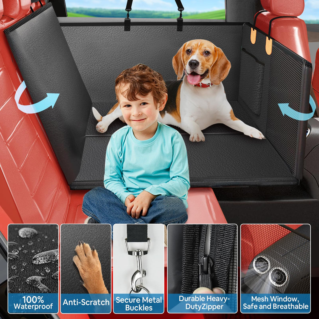 2026 Upgraded Dog Car Seat Cover for Back Seat with Hard Bottom Car Seat Cover for Dogs, Waterproof Pet Seat Protector, Non-Slip Scratch-Resistant Surface, Supports 500lbs, Easy to Clean and Install