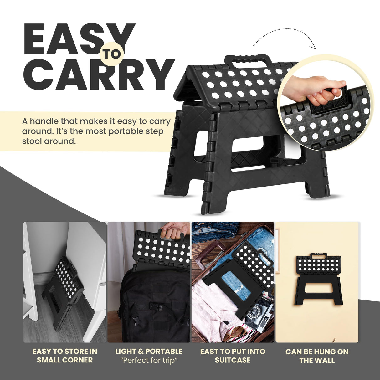 Folding Step Stool with Handle – 9 Inch Anti Slip Collapsible Stool – Holds Up to 300 lbs – Sturdy Plastic Step Stool Foldable for Kitchen, Bathroom and Home Use (1-Pack, Black)