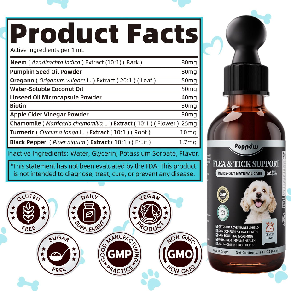 POPPAW Flea and Tick Prevention Support for Dogs, Natural Flea Treatment Drops with Neem, Oregano for Puppy Oral Flea and Tick Treatment Supplement for All Breeds and Ages - Chicken Flavor, 2 FL.Oz