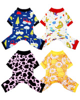 PET SHOW 4 Pack Small Dog Pajamas Dog Clothes for Medium Dogs Girl Boy Soft Stretchy PJs Dinosaur Car Jumpsuit Puppy Cats Daisies Cow Jammies Onesies Outfits with Sleeve Pets Costume, S