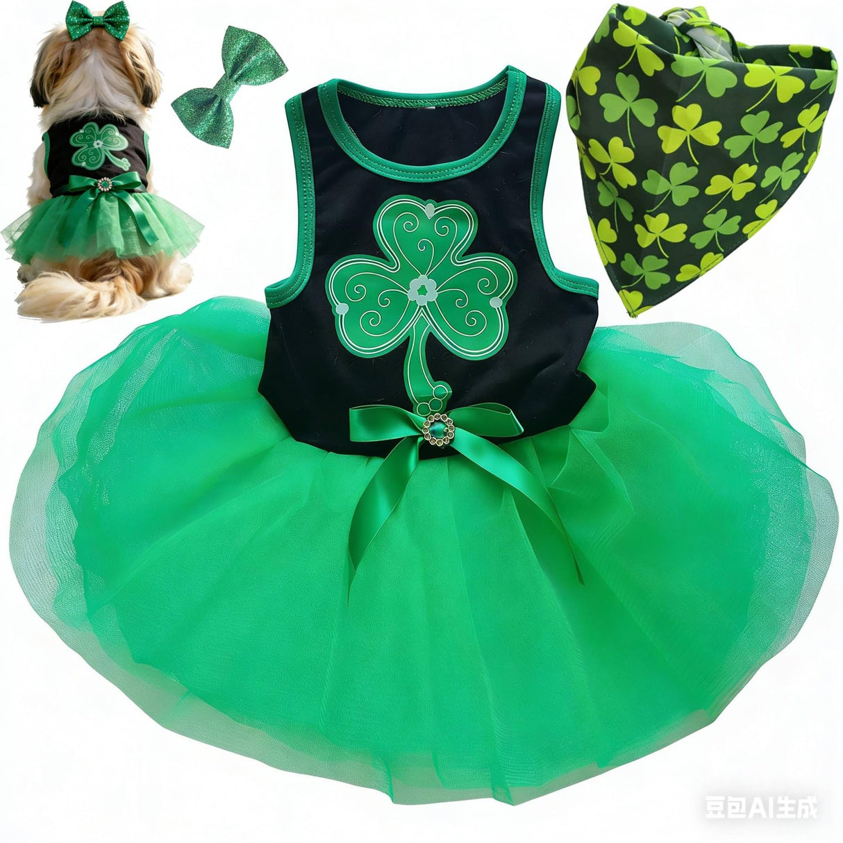 Small Dog St. Patricks Day Outfit Green Dress, Bandana & Bow Clip 3 Piece Irish Pet Cat Costume Accessories M