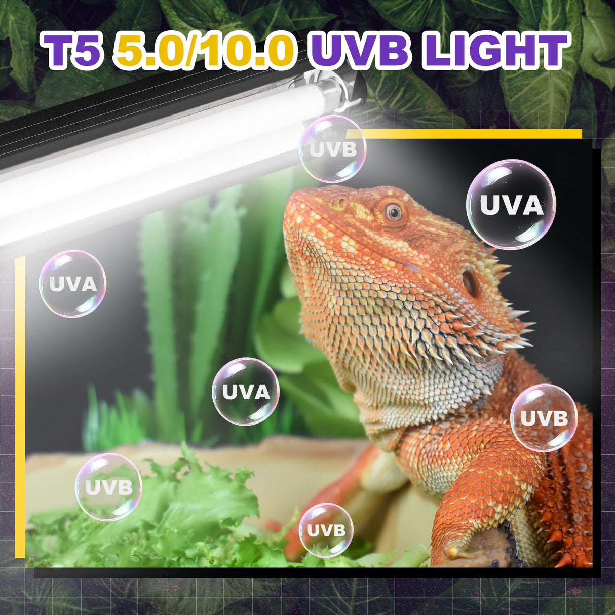 T5 HO UVB Lighting Combo Kit, 8W Reptile Light Fixture with Fluorescent Light Bulbs, Tropical 5.0 UVB Light for Reptiles and Amphibians, Basking Light for Bearded Dragon, High Output Natural Light