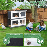 2 Story Solid Wood Rabbit/Bunny Hutch with 2 Large Main Rooms, Indoor Outdoor Rabbit House Guinea Pig Cage Pet House for Small Animals with Ventilation Door Removable Tray Waterproof Roof (Grey)