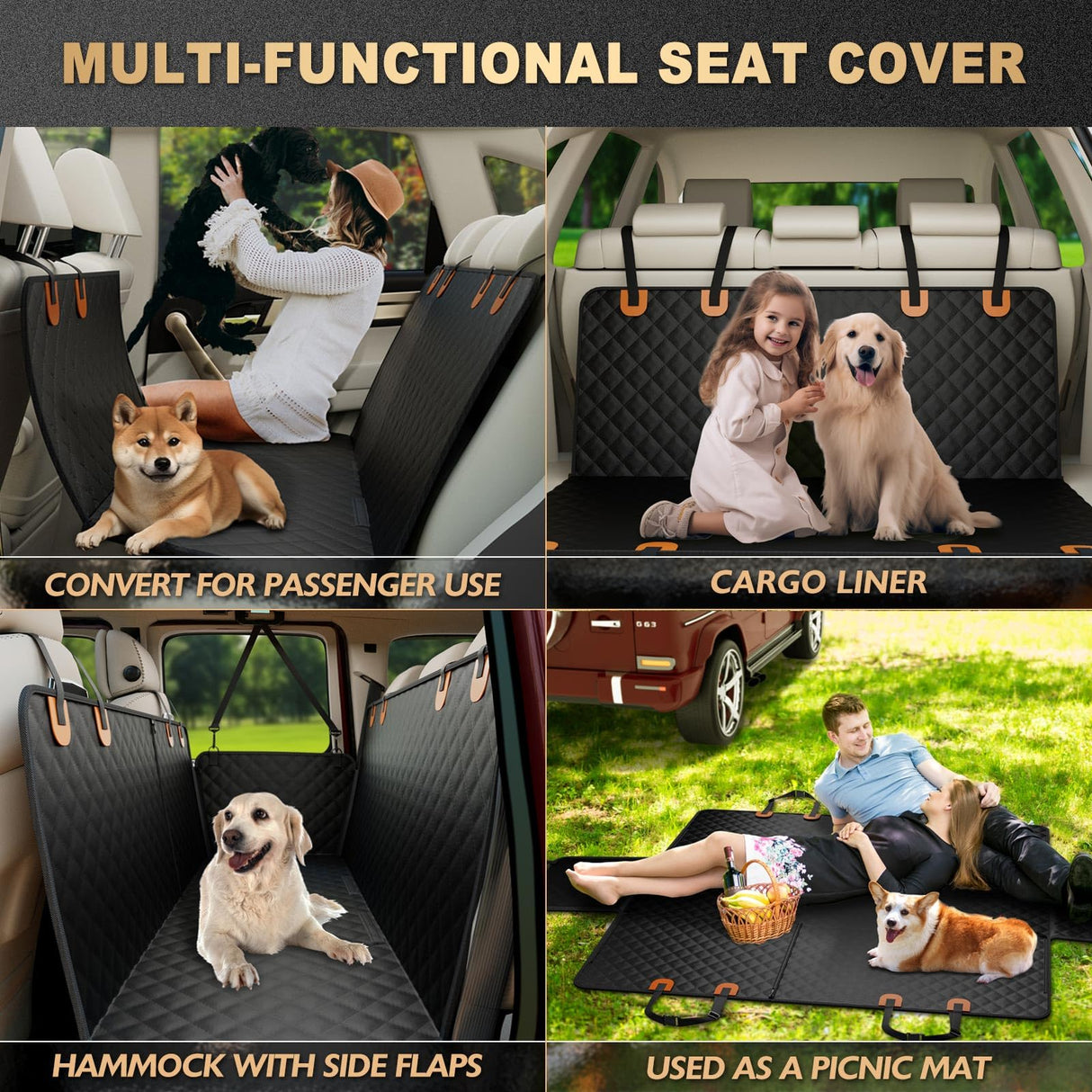 K KNODEL Dog Seat Cover, 100% Waterproof Car Seat Cover for Pets, Pet Seat Cover Dog Hammock, Heavy Duty Scratch Proof Pet Back Seat Covers, Zippered Side Flaps for Cars, Trucks and SUVs (Black)