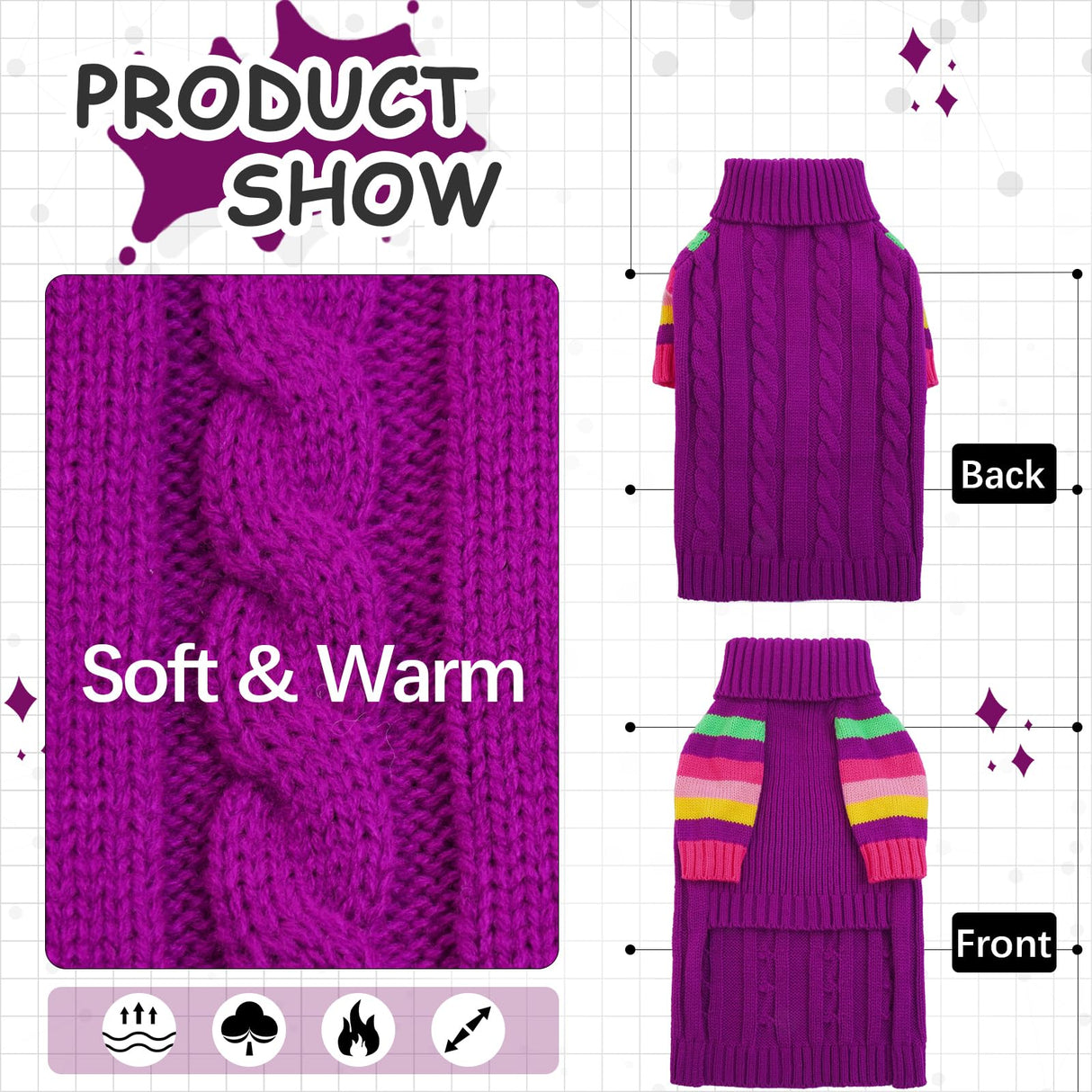OUOBOB Dog Sweater Thick, Sweaters for Large Size Dogs Comfy, Stretchy Pullover Dog Sweater for Large Doggie, Christmas Dogs Sweaters Unisex, Warm Pet Knitwear Boston Terrier, Frenchie (Purple L)