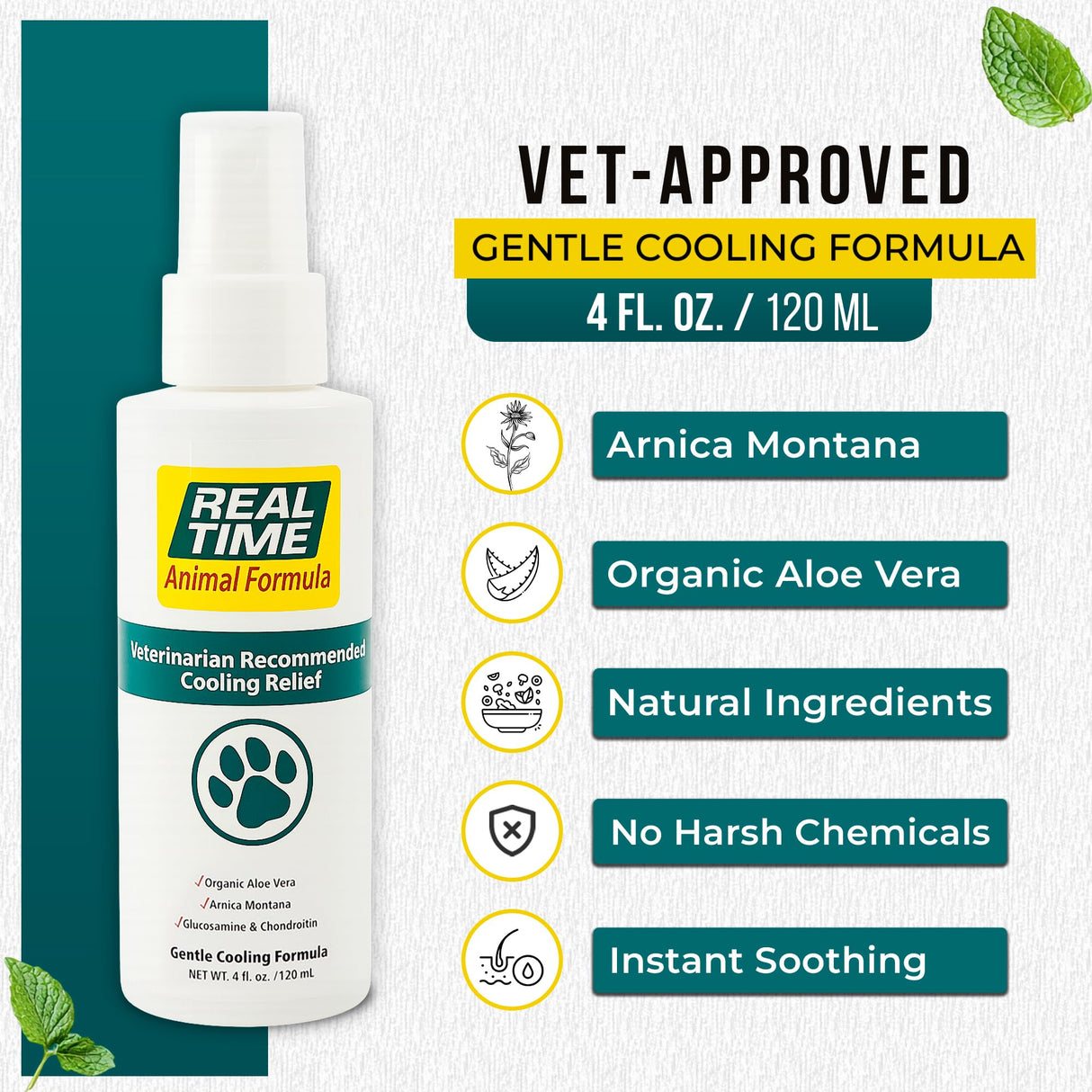 Real Time Pain Relief Pet Formula - 4oz Spray Bottle | Vet Recommended Relief for Pets | 16 Natural Ingredients Including Menthol, Aloe Vera, and Arnica | Gentle Cooling Sensation | Easy Application