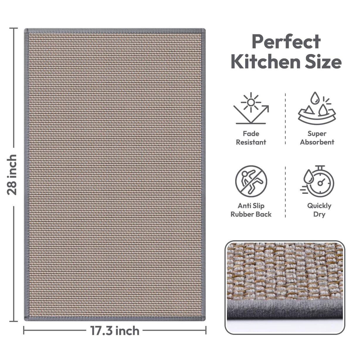 Kitchen Mats for Floor, Kitchen Rugs, Nonskid, Washable, Absorbent Kitchen Runner Rug for in Front of Sink, Entryway, Rubber Backing Indoor Door Mat, Farmhouse Style Standing Mat, 17.3"x28", Grey