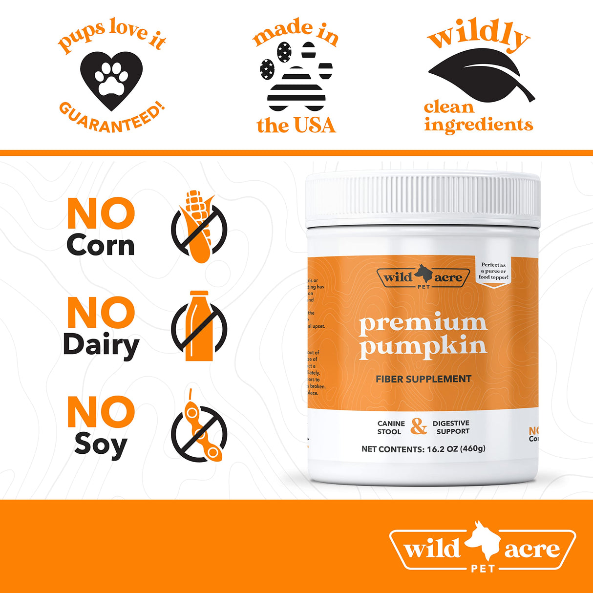 Wild Acre Pumpkin Powder for Dogs - No More Diarrhea or Scoots! - Digestive Puree Treat or Food Topper - Fiber Supplement for Dogs with Prebiotics, 16oz
