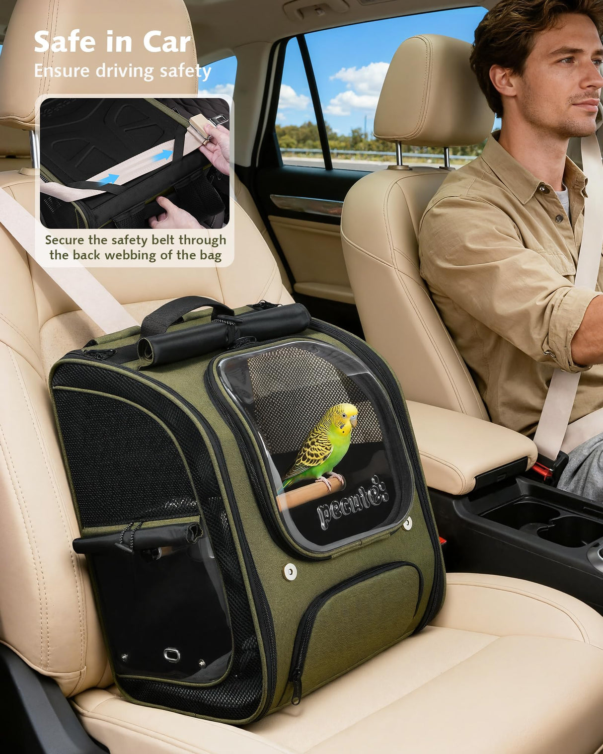 Pecute Bird Backpack Carrier for Small Birds,Cockatiel,Parrot,Bird Carrier with Standing Perch,Comfy Mat&Transparent Window, Breathable Bird Backpack for Vet Visit,Shopping and Outdoor Adventure,Green