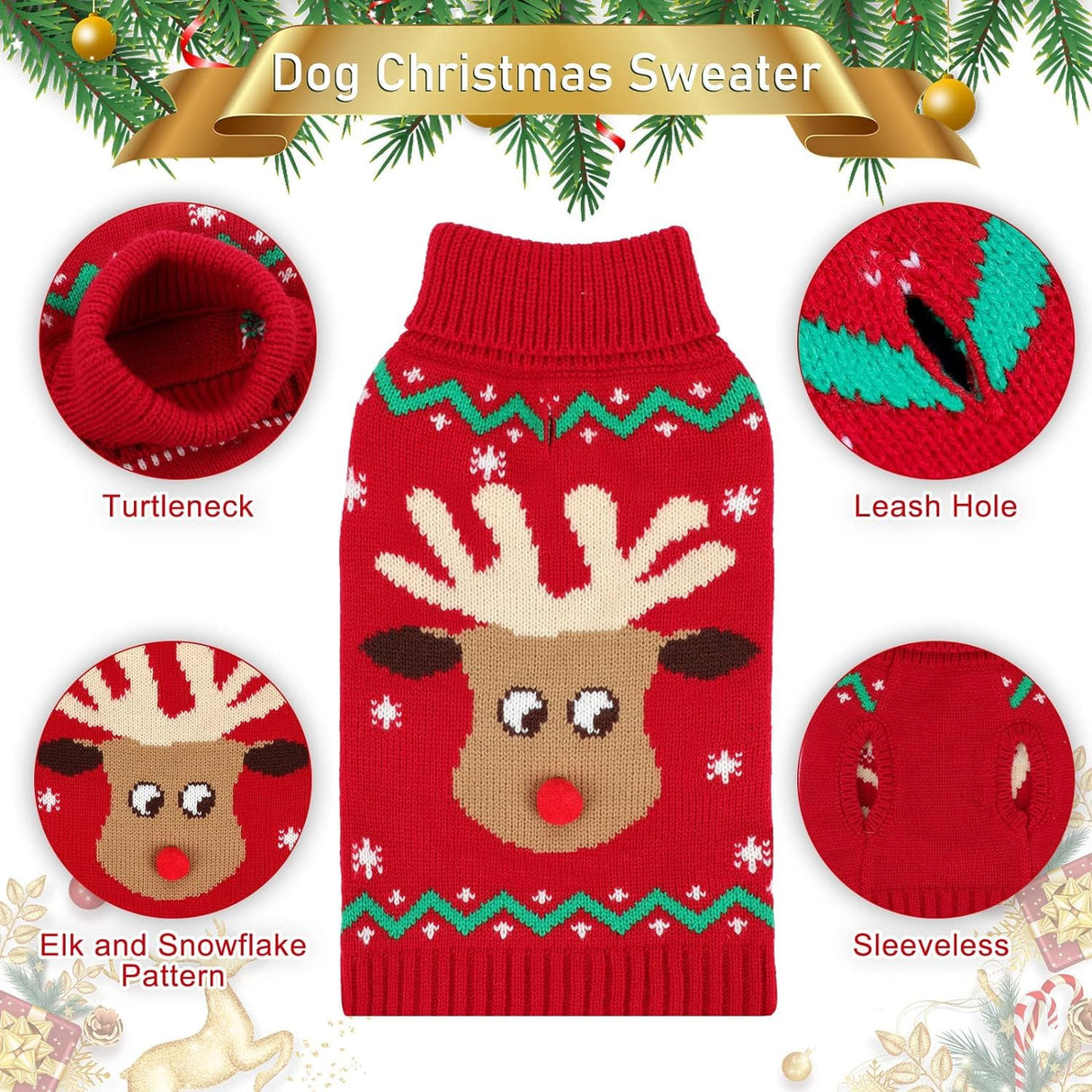 HUMLANJ Christmas Dog Turtleneck Sweater Winter Reindeer Snowflake Sweater with Leash Hole Puppy Knitwear Pullover Holiday Sweaters for Small Medium Large Dogs XXL