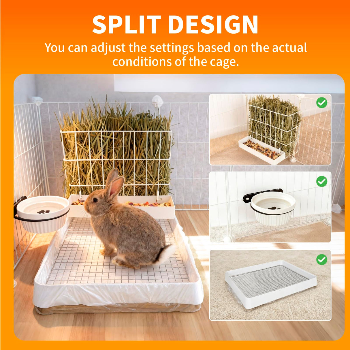 BESNEW 3 in 1 Rabbit Hay Feeder with Litter Box,Upgraded Metal Hay Rack & Litter Tray & Water Bowl,Quick Cleaning,Easy to Install,Bunny Supplies for Rabbit Guinea Pig Chinchilla Small Animals