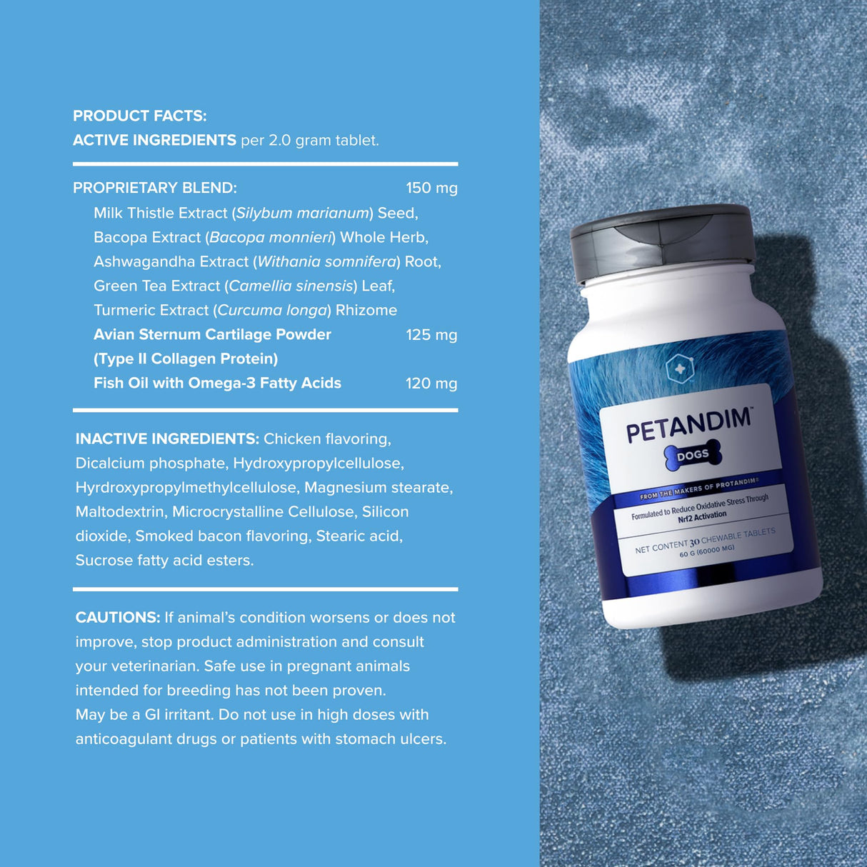 Petandim Dog Vitamins (30 Chewable Tablets), Antioxidants Reduce Oxidative Stress, Joint Supplement for Dogs, Skin and Coat Supplement, Omega-3 & Collagen for Dogs, Chicken + Bacon Flavor