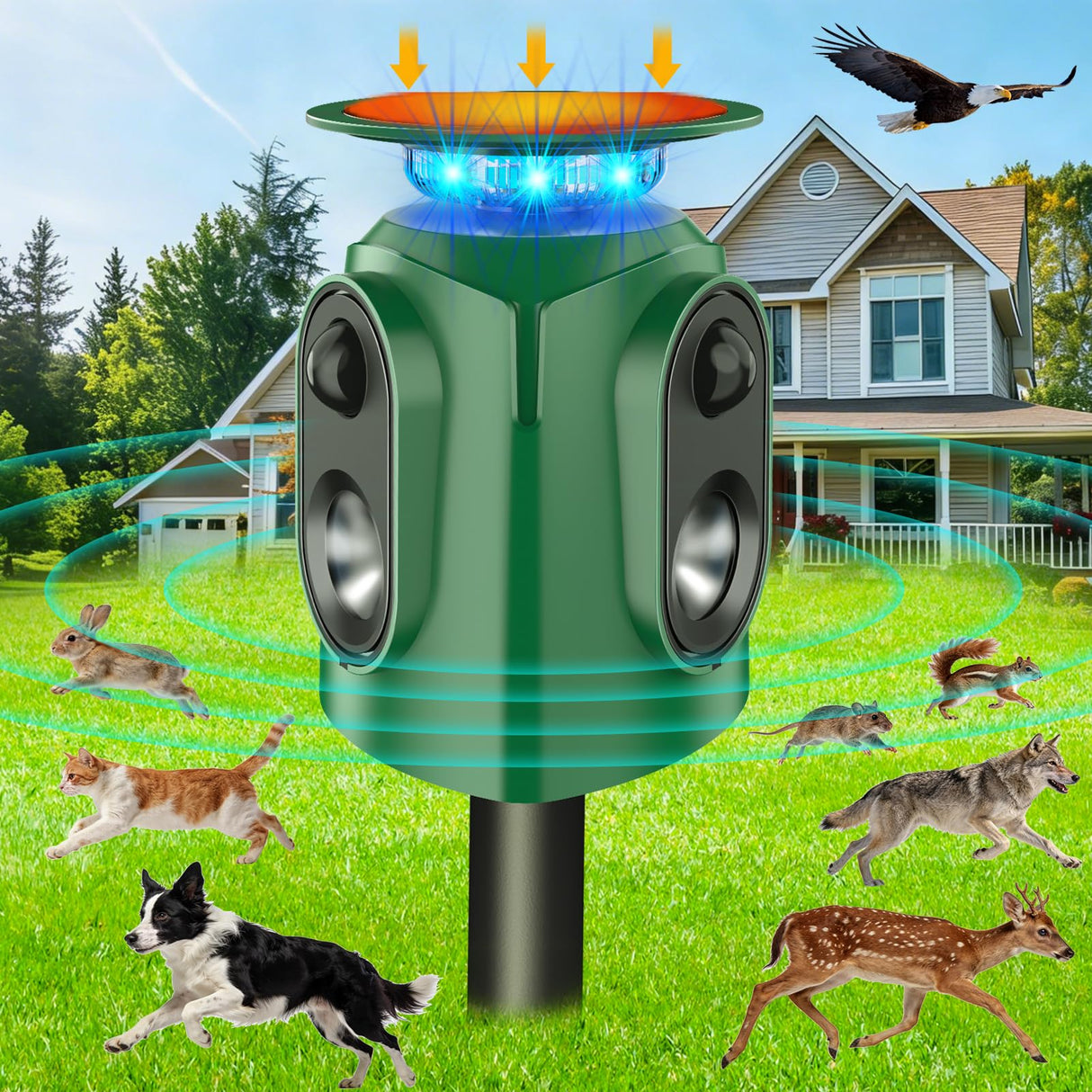 Ultrasonic Animal Repeller Outdoor - Cat Repellent Outdoor & Deer Deterrent with PIR Sensor, Solar Powered for 360° Protection Against Cats, Deer, Squirrels, Raccoons, Rabbits in Garden, Yard, Farm