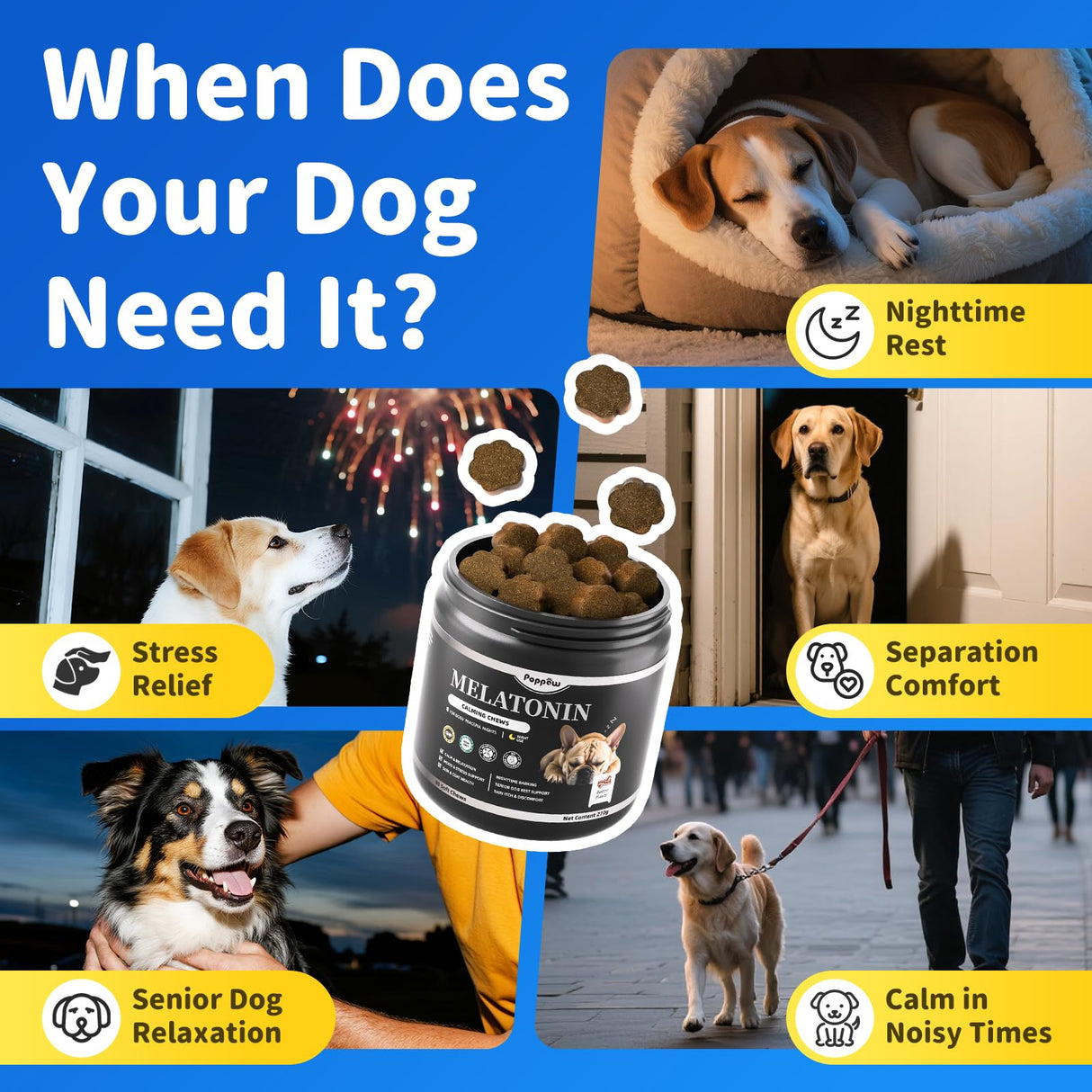 POPPAW Dog Melatonin Calming Chews for Nighttime Sleep, Natural Relaxation & Stress Support for Dogs & Puppies Calming Treats, Barking, Separation, Anxiety, Fireworks, Upgraded Bacon Flavor, 90Ct