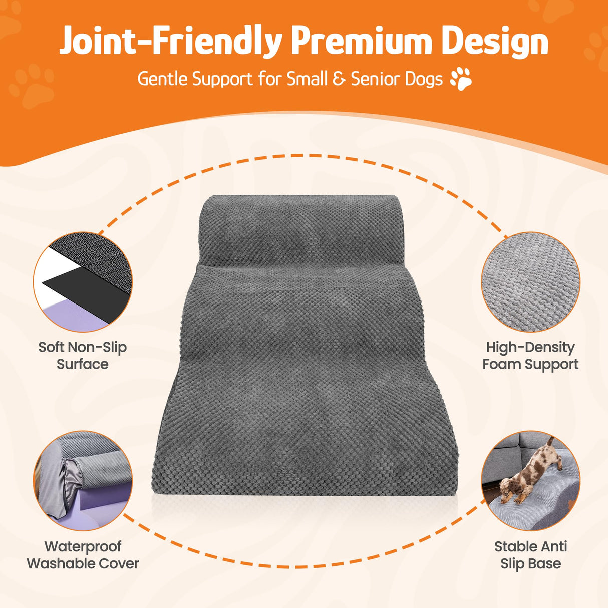 Dog Stairs for Small Dogs, 3-Step Dog Ramp for Bed Chair and Couch, Pet Stairs for Cats with Durable Non-Slip Waterproof Cover, Indoor Pet Steps, Comfortable, Grey