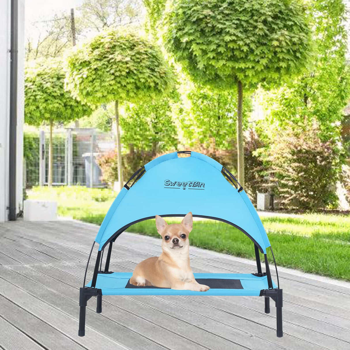 SweetBin S/M/L Outdoor Elevated Dog Cot with Canopy & Side Shade for Camping Small Medium Dogs (Carry Bag), Portable Cooling Raised Dog Bed