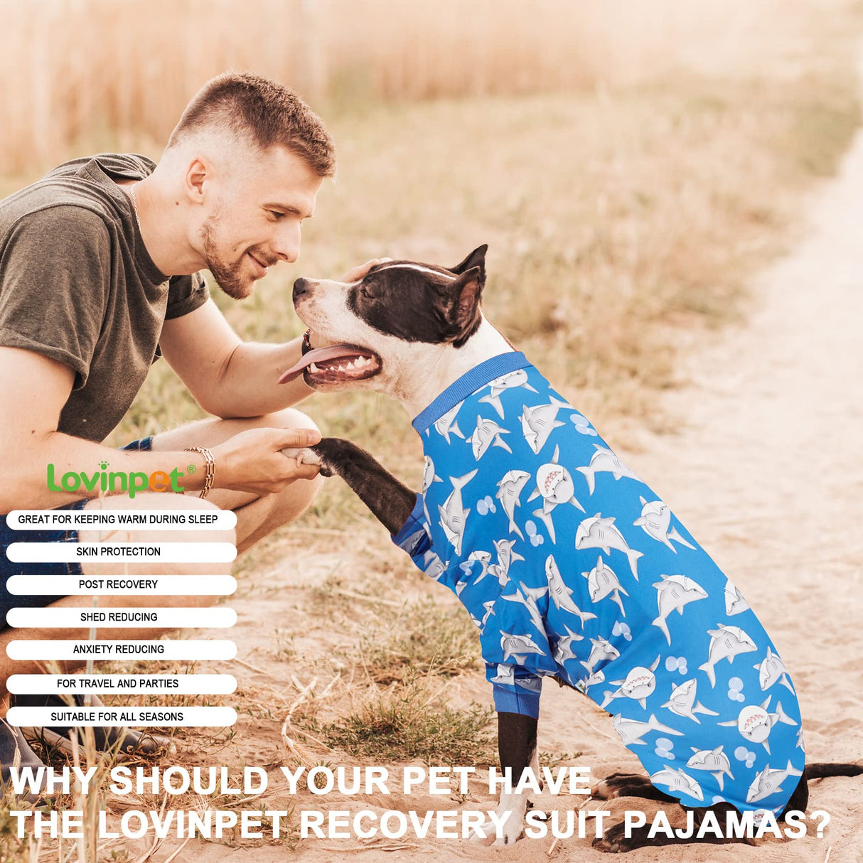 LovinPet Large Dog Pjs, UV Protection, Pet Anxiety Relief Onesies, Lightweight Stretchy, Blue Shark Print, Undershirt for Dog Sweaters and Coats, Large Breed Husky Pajamas, Pet PJ's/XL