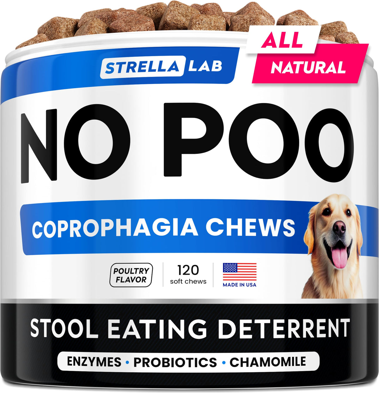 STRELLALAB No Poo Chews for Dogs – Helps Stop Poop Eating, Coprophagia Support with Probiotics, Digestive Enzymes & Fresh Breath (Turkey)
