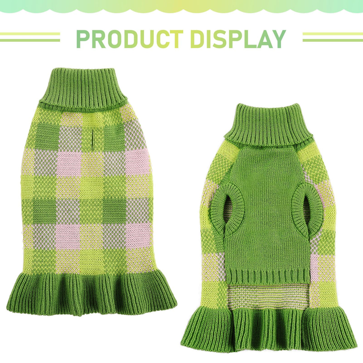Dog Sweater Dress Plaid Knitwear for Small Medium Dogs Warm Puppy Pet Turtleneck Stretch Pullover Cute Fall Winter Vest Clothes with Leash Hole for Christmas (Green, L)