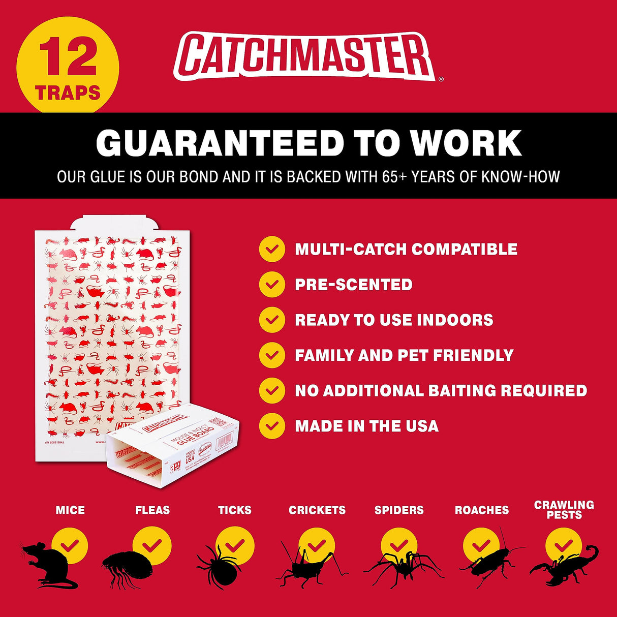 Catchmaster Mouse & Insect Glue Boards 12-Pk, Mouse Traps Indoor for Home, Bulk Glue Traps for Mice and Rats, Adhesive Boards for Inside House, Snake, Lizard, & Spider Trap, Pet Safe Pest Control